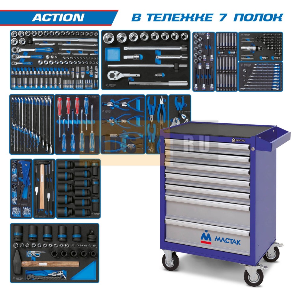 KING TONY Набор инструментов "ACTION" в синей тележке, 327 предметов (934-327AMB)